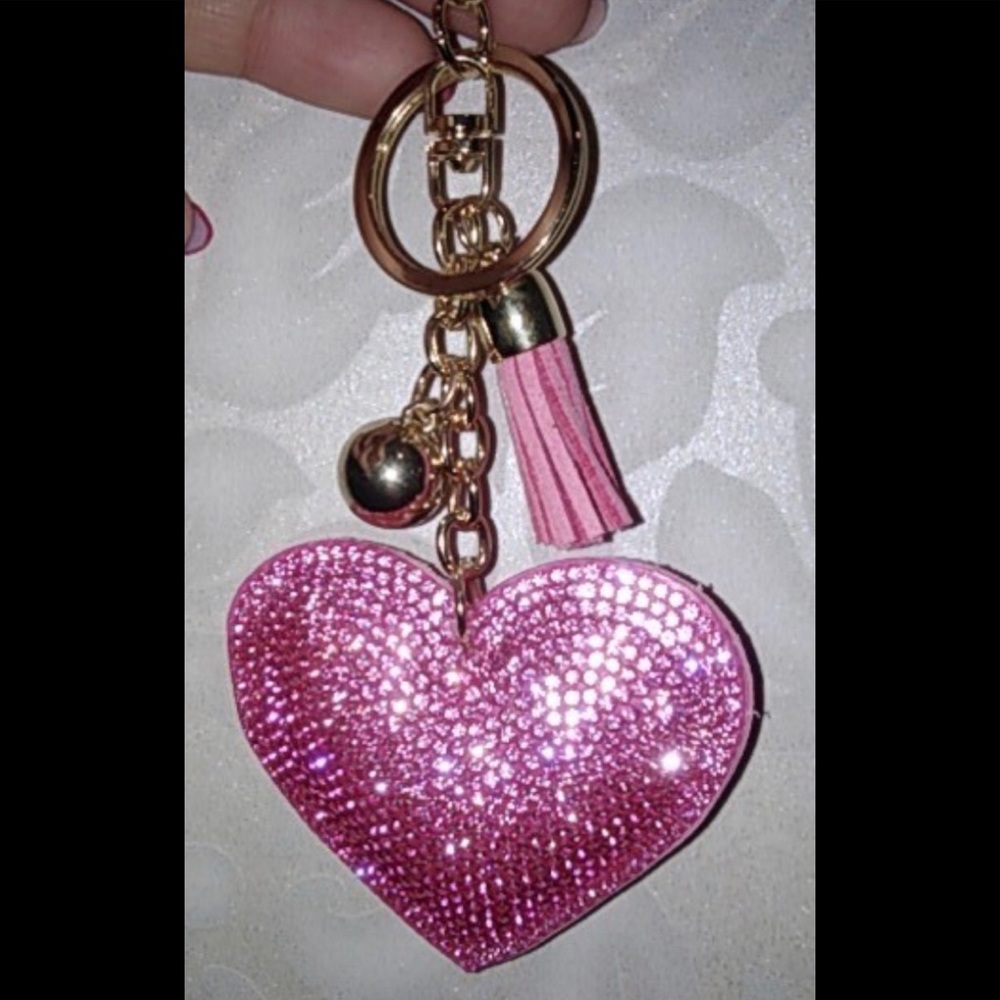 2 Gold Rhinestone Heart Backpack Purse Valentine Keychain Tag Wedding LOVE